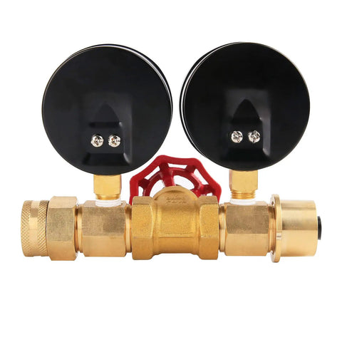 Water Pressure And Flow Test Gauge For Sprinkler Systems With Brass Gate Valve And Three Quarters Inch Hose Thread Reads Zero To One Hundred Sixty Psi And Zero To Thirteen GPM With A Two And A Half Inch Dial