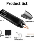 11 Amp Spot Welder With Automatic And Manual Modes, detachable welding pins, smart thermometer, product list showing components with charging line.