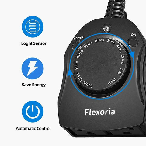 Close-up of black Outdoor Timer Outlet With Dusk To Dawn Sensor, Waterproof Weatherproof Power Timer with dial settings, 15A 1875W, ETL Listed.