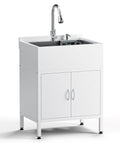 26-Inch Freestanding Stainless Steel Utility Sink With Cabinet, Heavy-Duty Workhorse Commercial Single-Bowl Sink For Workshop, Garage Or Laundry Room With Retractable Cold And Hot Water Faucet, Rust-Resistant 304 Stainless Steel.