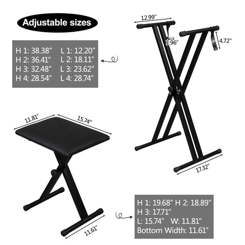 Sturdy Heavy Duty X Style Keyboard Stand And Bench Set For Digital Pianos Adjustable Height With Lockable Straps Fits 49 61 76 88