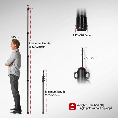 Ultralight Carbon Fiber Telescoping Tarp Poles For Hiking Adjustable Rugged Featherweight 2 Pack Backpacking Gear, showing height and weight details.