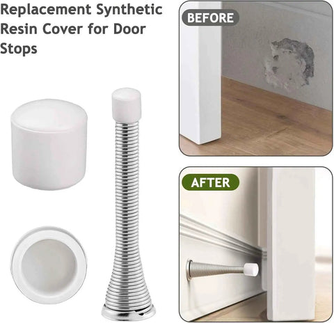 10Pcs White Door Stopper Rubber Tip Replacements 0.39 Inch Diameter Stoppers displayed with wall protection comparison.
