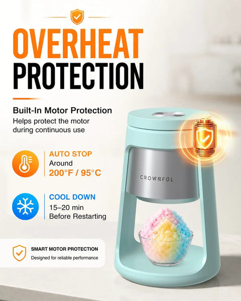 Cool Blue 130W Electric Shaved Ice Machine And Snow Cone Maker Featuring Smart Overheat Protection with shaved ice in bowl.