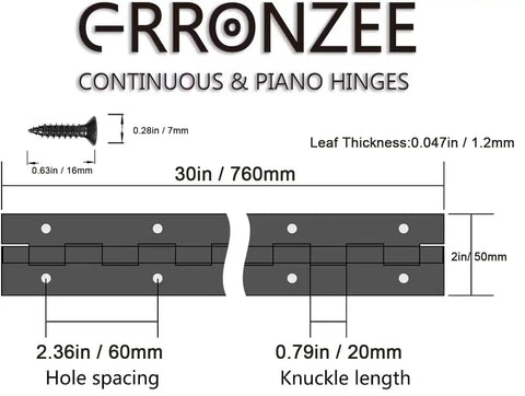 Top Shelf Heavy Duty Black Piano Hinge 30 Inch Long With 2 Inch Open Width Continuous Door Hardware Includes Mounting Screws dimensions and hole spacing diagram.