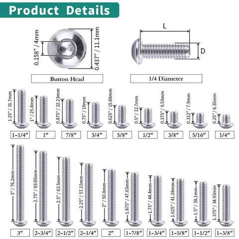 1/4-20 x 1 Button Head Socket Cap Screws In 304 Stainless Steel 18-8 With Bright Finish Allen Hex Drive Fully Machine Thread Pack Of 25 Heavy Duty Hardware dimensions chart
