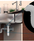 Expandable Flexible P Trap For Kitchen Sink One And A Half Inch With Two Female Threaded Nuts Easy Install Diy Friendly Includes Gaskets And Mounting Brackets Fits Standard Drains And Quick No Fuss Plumbing installed under a kitchen sink with a close-up of its expandable section.