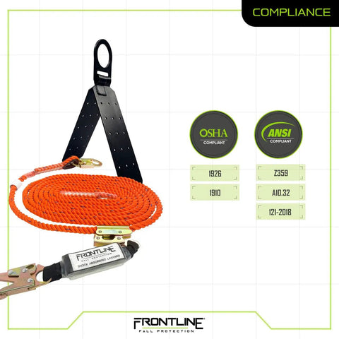 Combat Complete Roofers Kit With 25 Foot Lifeline For Fall Protection All In One Roofer Safety Gear Bundle showing orange lifeline and compliance labels.