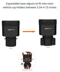Car Cup Holder Expander with Adjustable Base for 3.4 to 3.8 Inch Bottles, shown expanding from 2.54 to 4.13 inches, black.