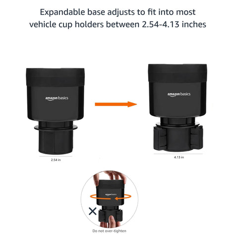 Car Cup Holder Expander with Adjustable Base for 3.4 to 3.8 Inch Bottles, shown expanding from 2.54 to 4.13 inches, black.