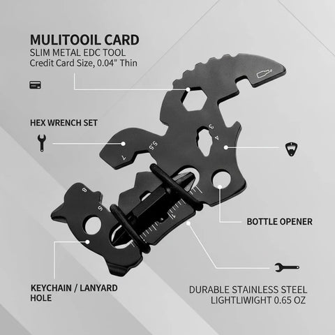 Slim Metal Multitool Card With Screwdriver And Bottle Opener Credit Card Size showing hex wrench set and keychain hole