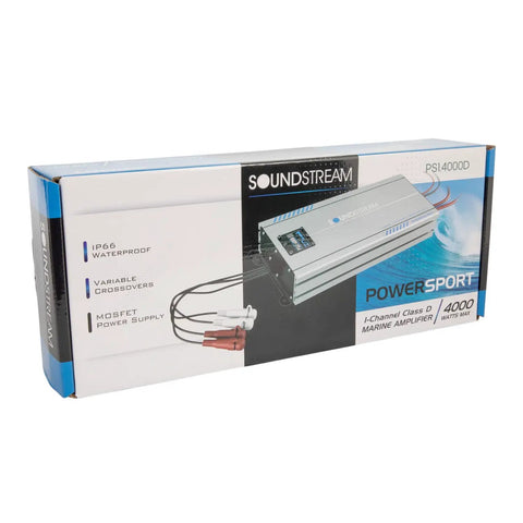 Beefy Marine Five Channel Waterproof Class D Amplifier Delivers Up To 4000 Watts Max Power For Boats ATVs UTVs And Powersports Audio Systems Built Tough For Wet Environments And Clean Distortion Free Sound Throughout. boxed Soundstream PS1.4000D marine amplifier