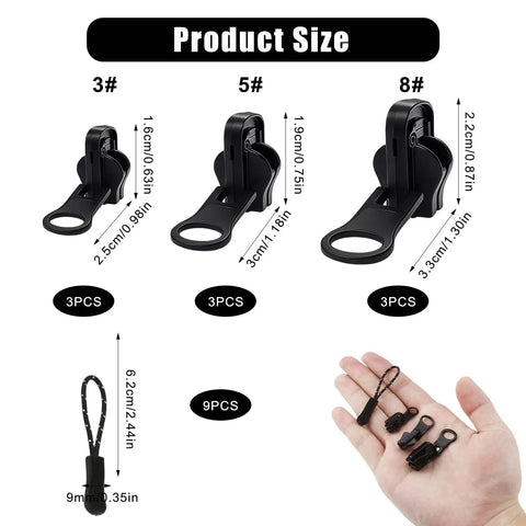 Universal Zipper Repair Kit 9 Pack With Small Medium Large Sliders And Three Zipper Pulls Per Size For Jackets Backpacks Coats Tents Luggage And Bags Black Durable Metal Pulls Included For Easy Replacement On Gear