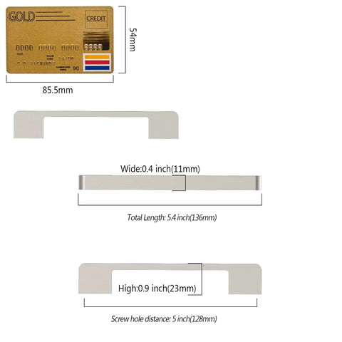 Dimensions of Brushed Satin Nickel Cabinet Pulls 5 Inch 128mm Hole Centers Pack of 10 shown with credit card size comparison