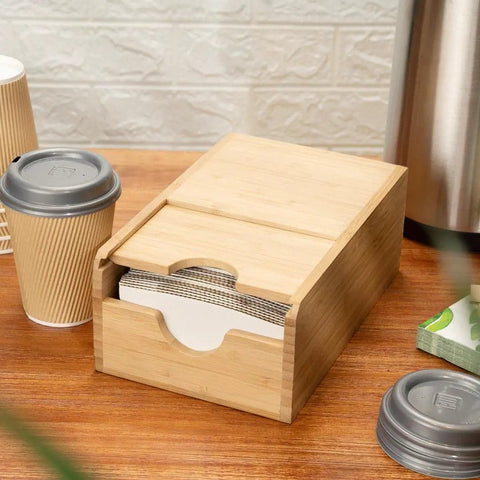 Spring Loaded Coffee Sleeve Dispenser For Homes And Restaurants Natural Bamboo Cup Sleeve Organizer on table