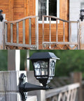 4 Pack Solar Wall Lanterns Lights Outdoor Waterproof 15 Lumens Per LED Two LED Bulbs Wall Mount Kit Included For Shed Fence Garden Decor Backyard Ready No Fuss Setup on wooden fence