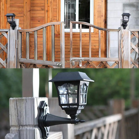 4 Pack Solar Wall Lanterns Lights Outdoor Waterproof 15 Lumens Per LED Two LED Bulbs Wall Mount Kit Included For Shed Fence Garden Decor Backyard Ready No Fuss Setup on wooden fence