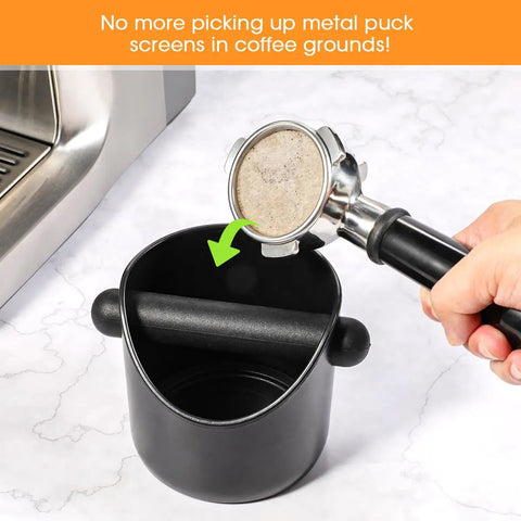 51Mm Espresso Filter Paper For Portafilter Pucks, used in a portafilter above a knock box, helps even water flow for smooth extraction