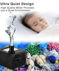 Ultra Quiet 50 GPH 3W Mini Submersible Water Pump creating water flow, background of baby sleeping and vibrant fish tank scene