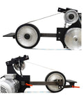 Industrial Workhorse Variable Speed Belt Sander 71 Inch Knife Grinder showing heavy duty wheels and motor for rust removal.