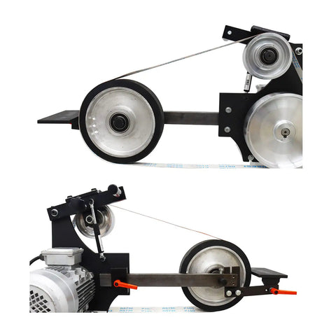 Industrial Workhorse Variable Speed Belt Sander 71 Inch Knife Grinder showing heavy duty wheels and motor for rust removal.