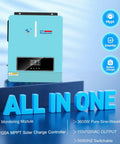 Heavy Duty 3600W Pure Sine Wave Solar Inverter With 120A MPPT Charge Controller, blue unit with display, features listed