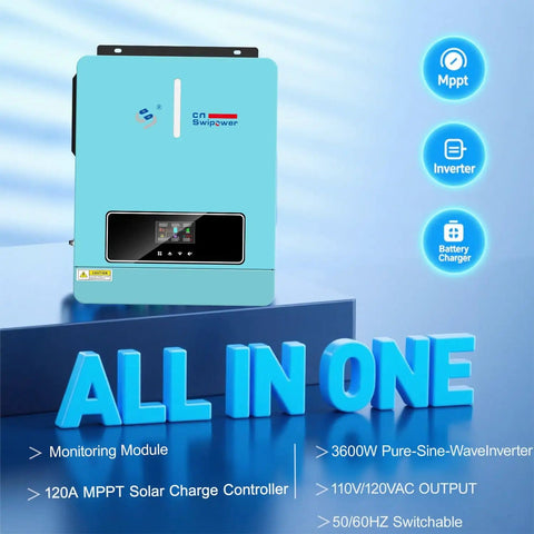 Heavy Duty 3600W Pure Sine Wave Solar Inverter With 120A MPPT Charge Controller, blue unit with display, features listed