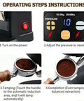 Operating steps for 58 Millimeter Automatic Espresso Tamper Featuring Adjustable Depth And Steady Pressure Settings.