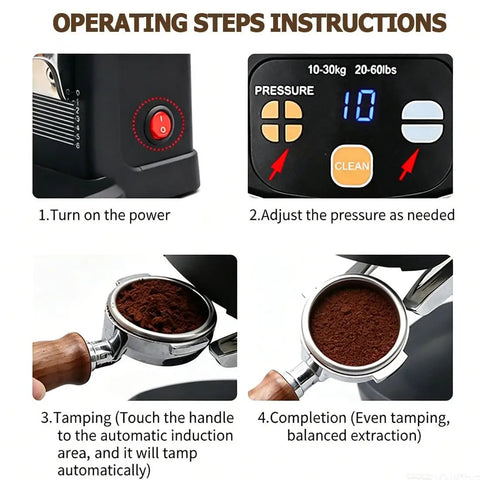 Operating steps for Auto Detect Espresso Coffee Tamper; includes power button, pressure settings, and tamping instructions.