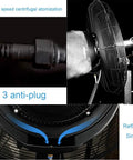 Heavy Duty Industrial Misting Floor Fan With Adjustable Pedestal Stand And Three Speed Settings For Garages Shops And Patios, close-up of misting nozzle and connection.