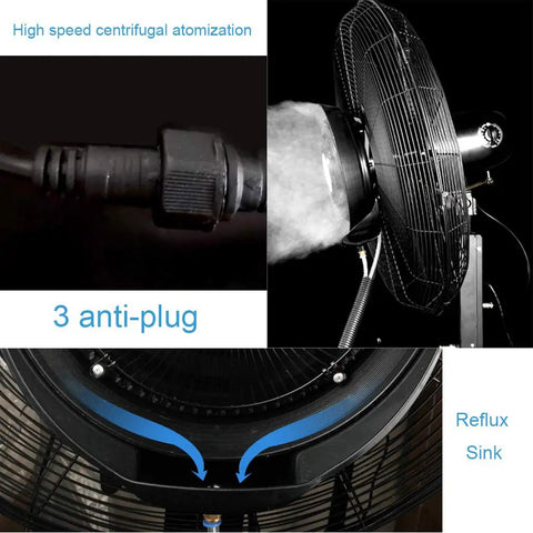 Heavy Duty Industrial Misting Floor Fan With Adjustable Pedestal Stand And Three Speed Settings For Garages Shops And Patios, close-up of misting nozzle and connection.