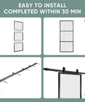 Glass Barn Door 36x84 Reeded Glass With Carbon Steel Pre Drilled Frame Sliding Door Panel Includes 6 Ft Hardware Kit And Soft Close Easy Three Part Assembly Sturdy Rail System Built For Quick Quiet Install, showing assembly steps.