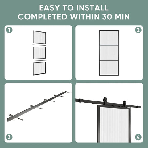 Glass Barn Door 36x84 Reeded Glass With Carbon Steel Pre Drilled Frame Sliding Door Panel Includes 6 Ft Hardware Kit And Soft Close Easy Three Part Assembly Sturdy Rail System Built For Quick Quiet Install, showing assembly steps.