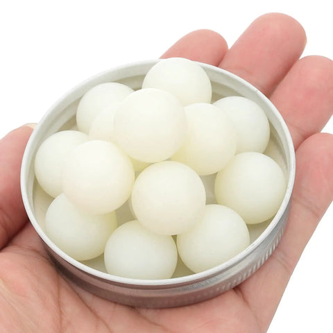 20 Pack White Nylon Bearing Balls Three Quarter Inch G2 Precision Solid Spheres in hand ready for tools and machinery use.