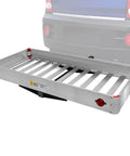 Heavy Duty Folding Aluminum Cargo Carrier Basket, 50x22 Inches, 500-Pound Capacity mounted on vehicle hitch