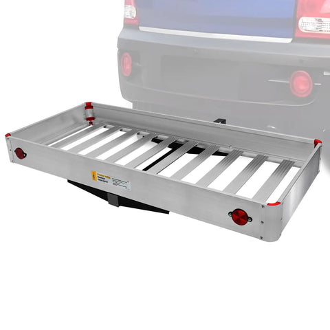 Heavy Duty Folding Aluminum Cargo Carrier Basket, 50x22 Inches, 500-Pound Capacity mounted on vehicle hitch