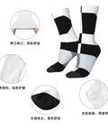 Upgrade Your Fit With Black And White Piano Grid Print Socks For Men And Women Moisture Wicking Polyester Crew Socks showing flexible fit and material.