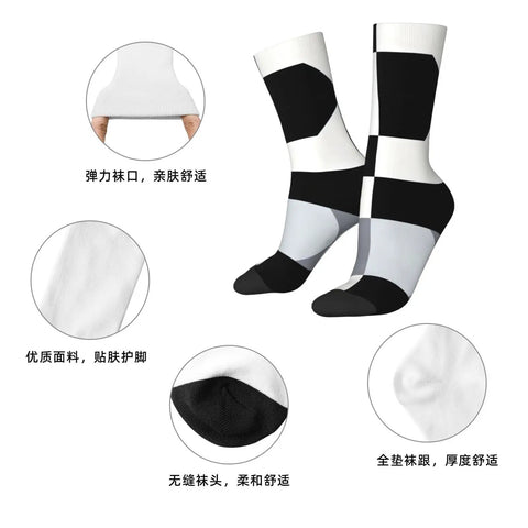 Upgrade Your Fit With Black And White Piano Grid Print Socks For Men And Women Moisture Wicking Polyester Crew Socks showing flexible fit and material.