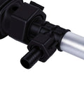 Close-up of Jiawu Rechargeable Liquid Transfer Pump With 304 Stainless Steel Tube, showcasing ergonomic black handle and hose fittings.