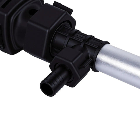 Close-up of Jiawu Rechargeable Liquid Transfer Pump With 304 Stainless Steel Tube, showcasing ergonomic black handle and hose fittings.