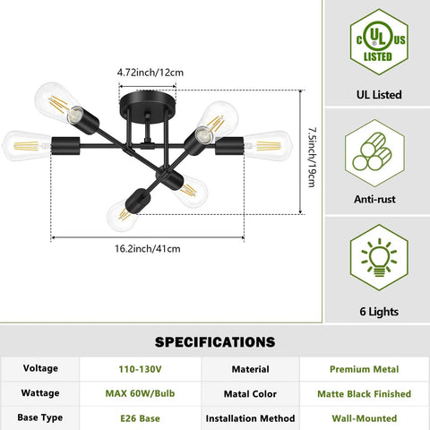 Dimensions and specifications of a 6-light matte black ceiling fixture with E26 base, premium metal, UL listed.