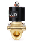 Brass 3/4-inch electric solenoid valve with black SOLID coil, front view