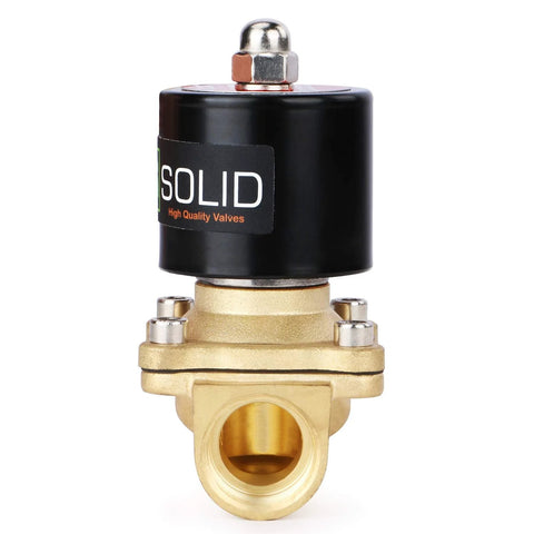Brass 3/4-inch electric solenoid valve with black SOLID coil, front view