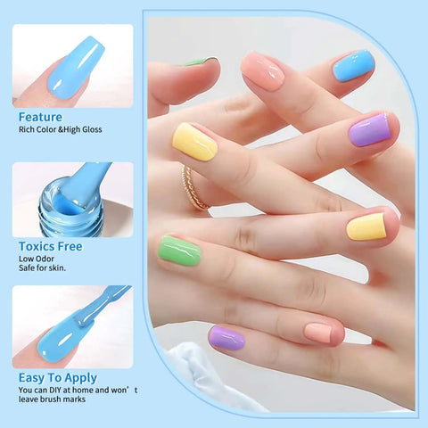 Hands showcasing Nine Piece 15ml Gel Nail Polish Set with macaron colors including pastel shades, UV LED soak off, non-toxic formula