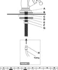 Assembly diagram for Brushed Nickel Reverse Osmosis Faucet No Air Gap For Under Sink Water Filtration System NSF Certified Lead Free. Part labels A to H.