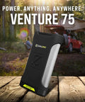 Venture 75 Portable Power Bank With 19200mAh Battery, 60W USB C Power Delivery, Dual USB Outputs, IP67 Waterproof Rating.
