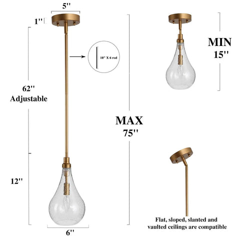 Gold Glass Pendant Light For Kitchen Island, Bedroom, Dining Room, Entryway, Sink, And Breakfast Nook With Seeded Teardrop Shade And Open Center, Luxury Modern Gold Finish, Easy Bulb Replacement, Warm Ambient Glow