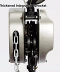 Hella Tough Hand Chain Hoist 2 Ton 4400 Pounds Capacity showing thickened integrated sprocket and G80 alloy chain.