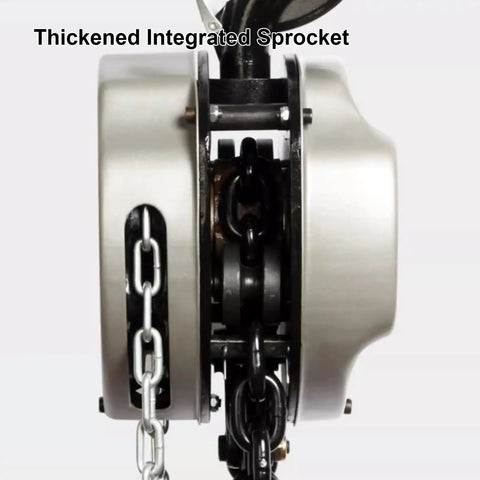 Hella Tough Hand Chain Hoist 2 Ton 4400 Pounds Capacity showing thickened integrated sprocket and G80 alloy chain.