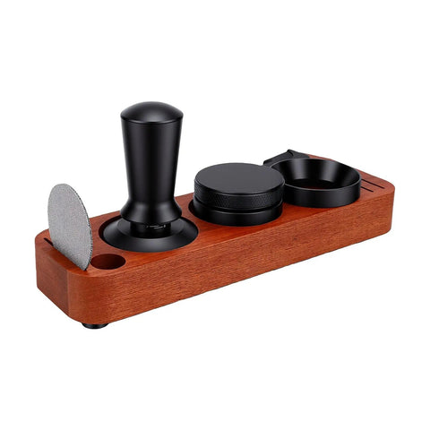 51mm Espresso Distributor And Tamper Set With Spring Loaded Action, wooden base with black tamper, funnel, and puck screen.